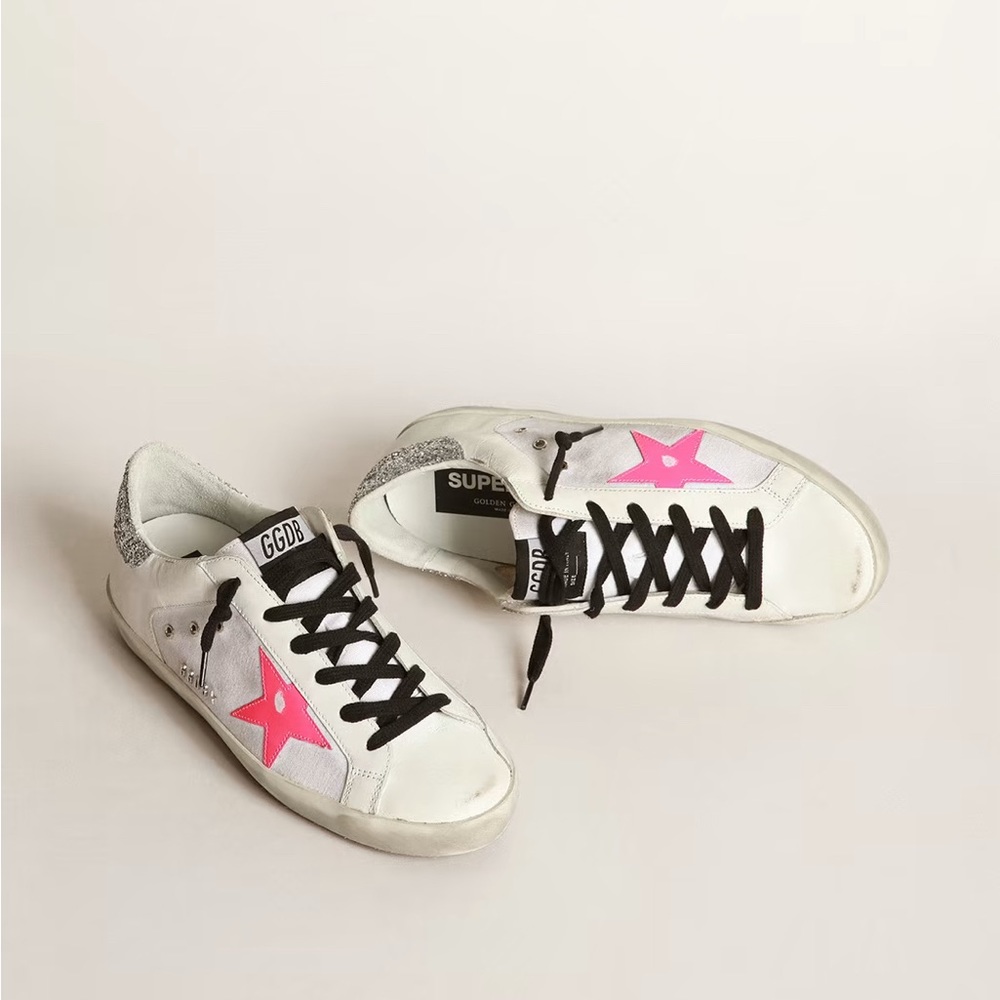Golden goose Super-Stars, white leather and pink leather and star silver glitter